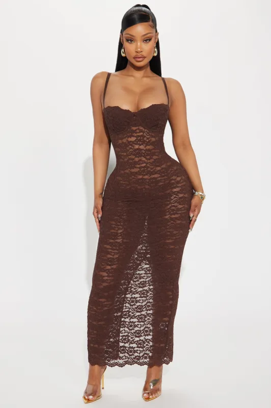 Lilie Lace Maxi Dress - Chocolate sold by Fashion Nova