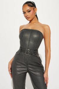 Riding Down This Road Faux Leather Jumpsuit - Charcoal sold by Fashion Nova