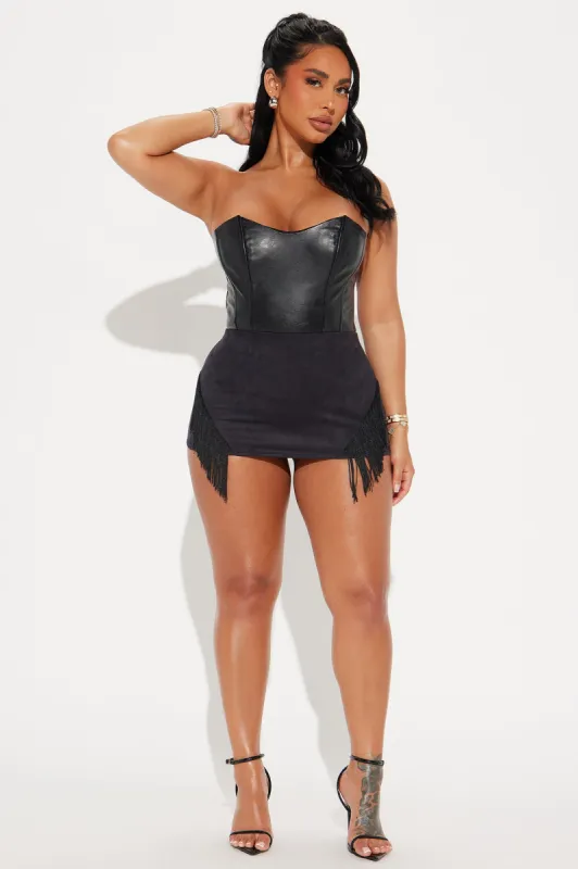 Shakin' It Fringe Faux Suede Mini Skirt - Black sold by Fashion Nova