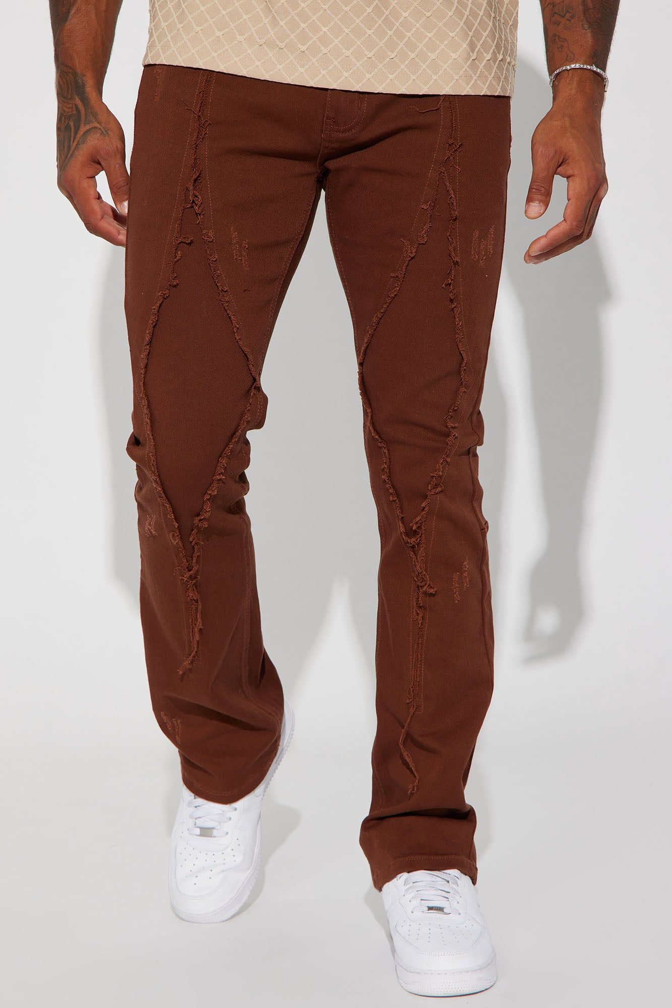 Diamond Fray Stacked Skinny Flared Pants - Chocolate sold by Fashion Nova