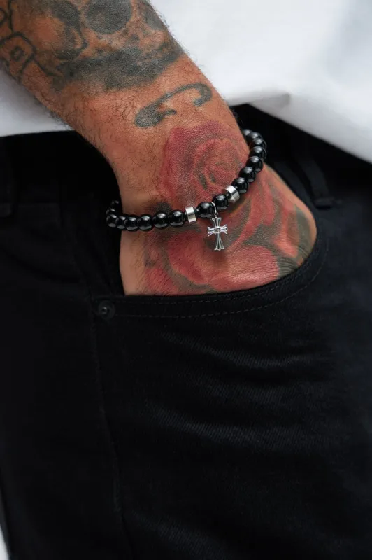 Myles Cross Black Beaded Bracelet - Black made by Fashion Nova