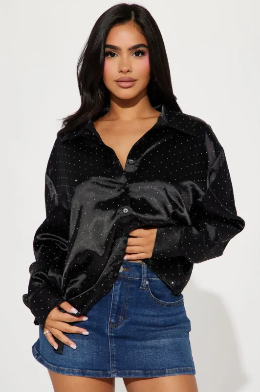 Moon Light Embellished Satin Shirt  - Black sold by Fashion Nova