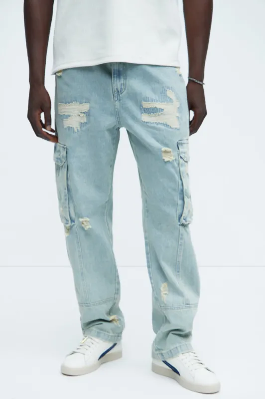 Catch You Slipping Cargo Straight Jeans - Light Wash sold by Fashion Nova