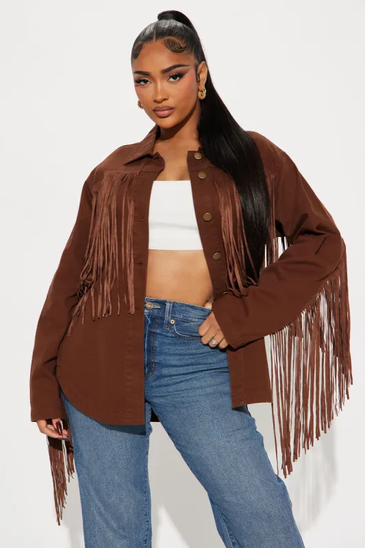 Tennessee Denim Fringe Shirt - Brown sold by Fashion Nova