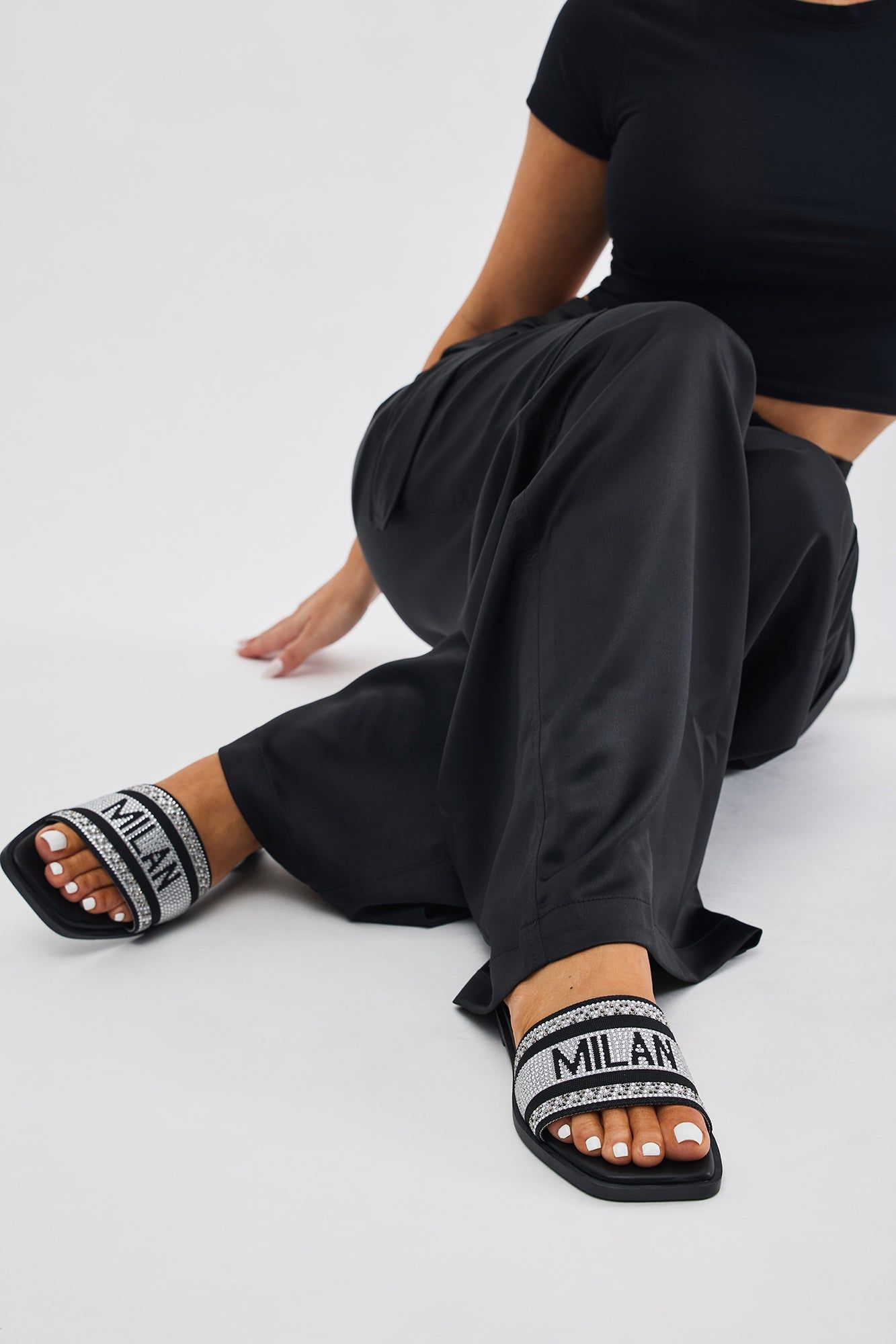 What A View Embellished Flat Sandals - Black sold by Fashion Nova