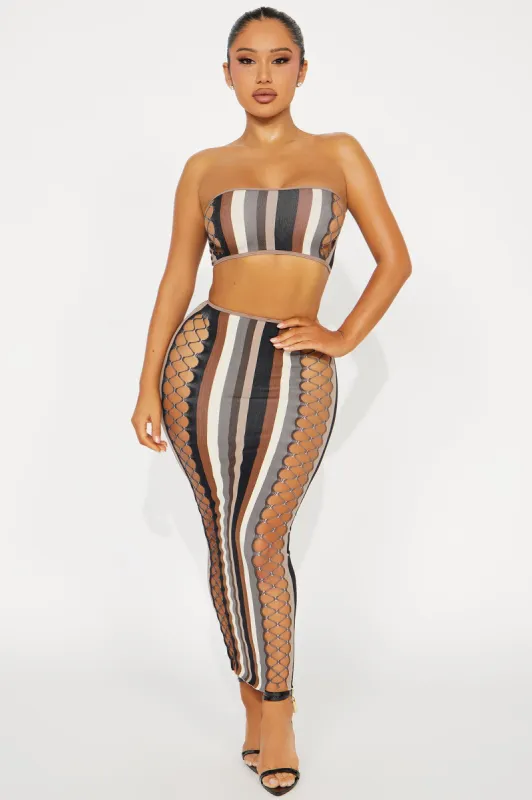 Ready For The Night Midi Skirt Set - Brown/combo sold by Fashion Nova