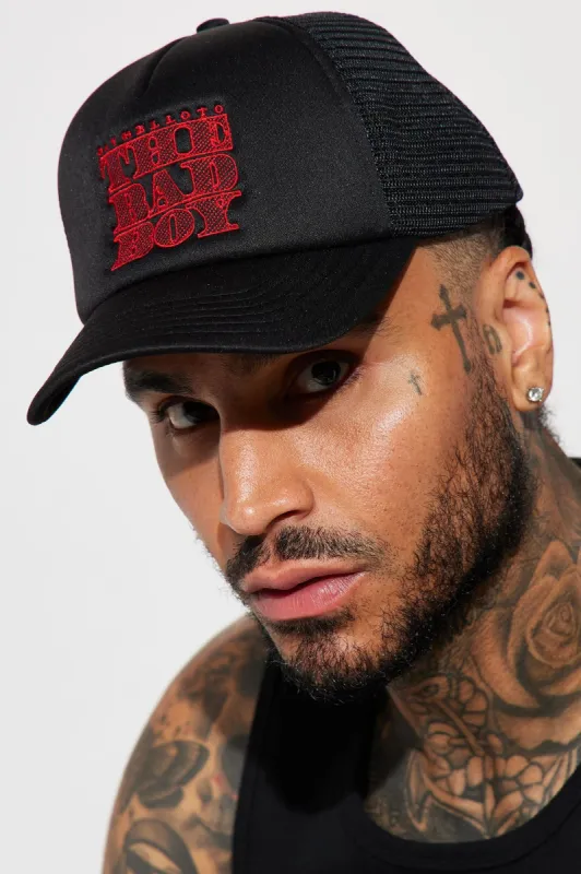 The Bad Boy Trucker Hat - Black/Red sold by Fashion Nova