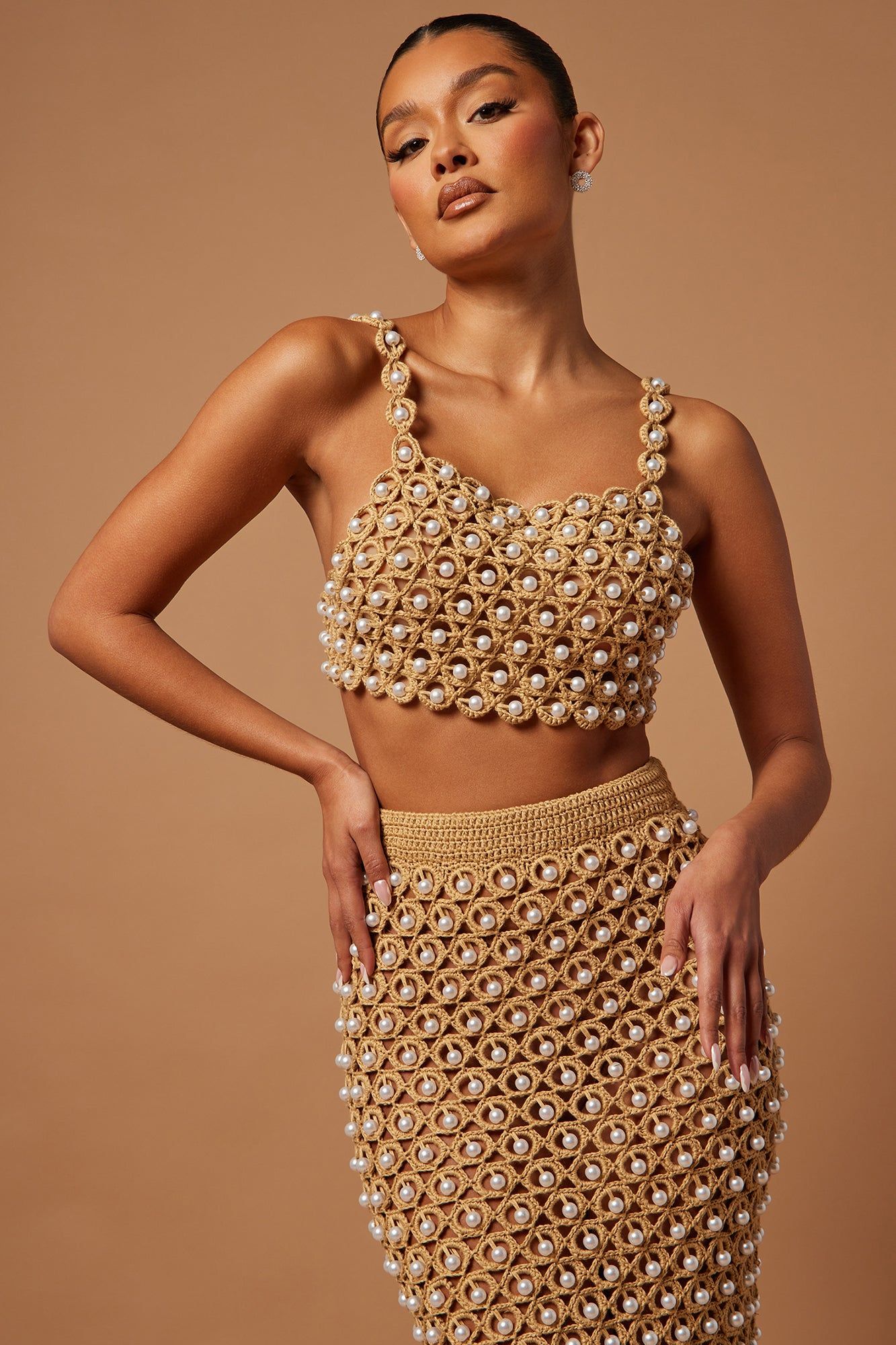 Miriam Pearl Crochet Crop Top - Taupe sold by Fashion Nova