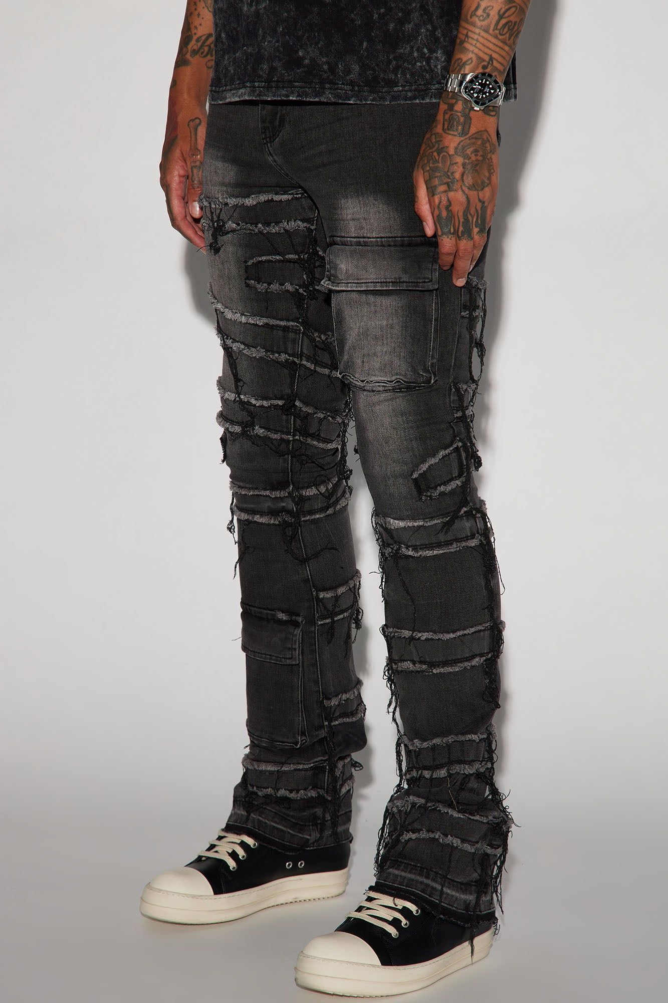 Cant See Me Fray Stacked Skinny Flare Jeans - Black sold by Fashion Nova