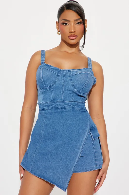 Michelle Denim Romper - Light Wash sold by Fashion Nova