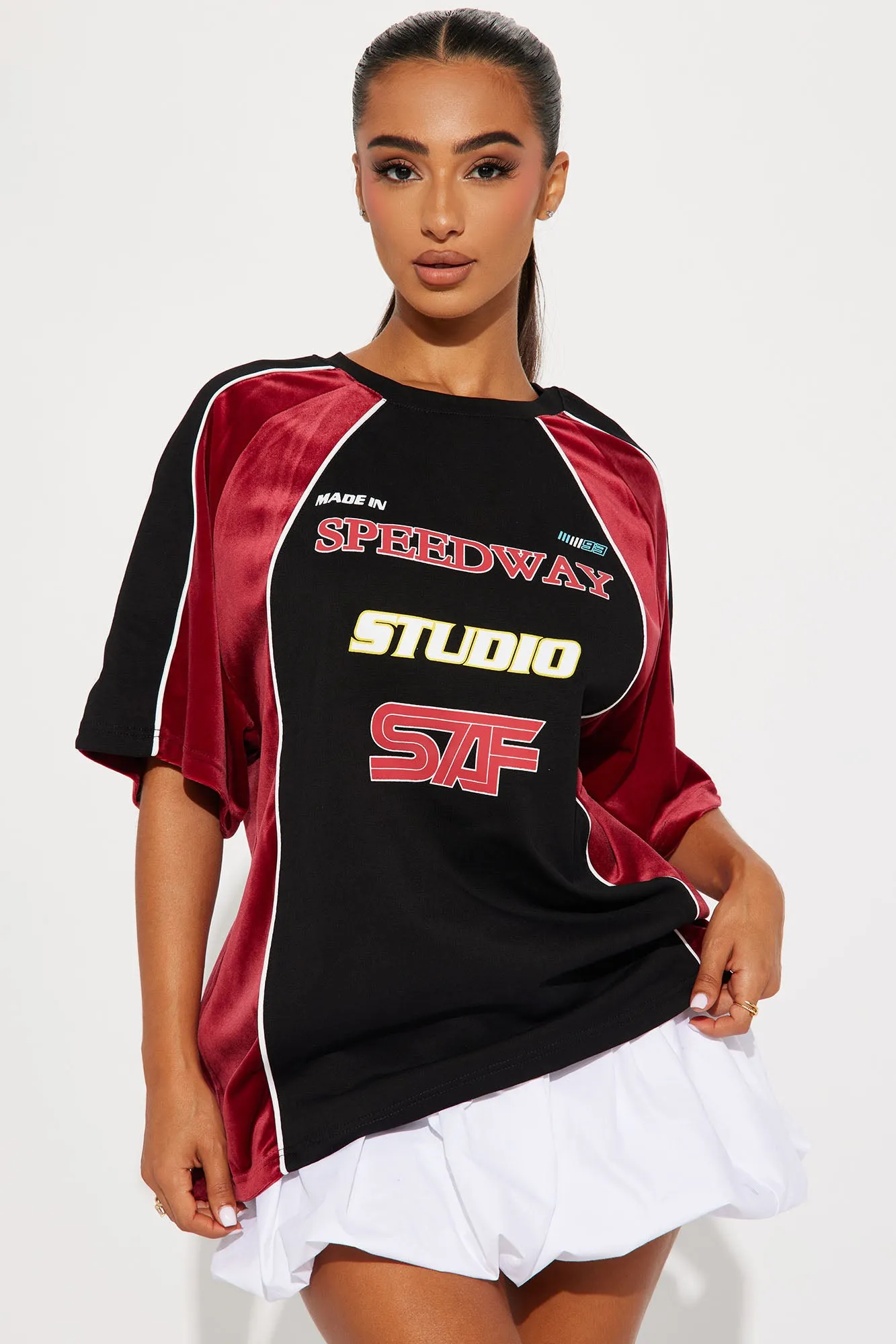 Scoring Big Velour Jersey Tee - Wine/combo sold by Fashion Nova