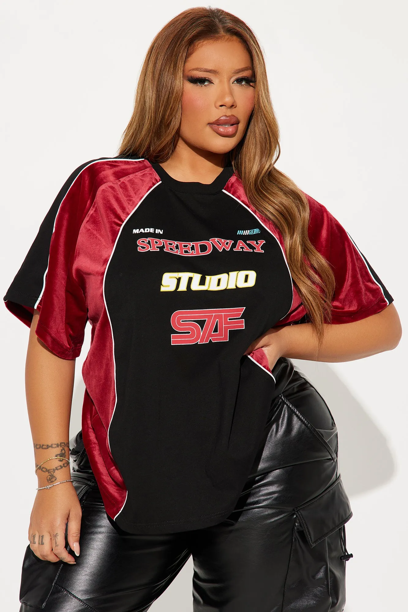 Scoring Big Velour Jersey Tee - Wine/combo sold by Fashion Nova product image thumbnail 5