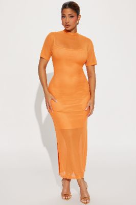 Vicky Mesh Maxi Dress - Orange sold by Fashion Nova