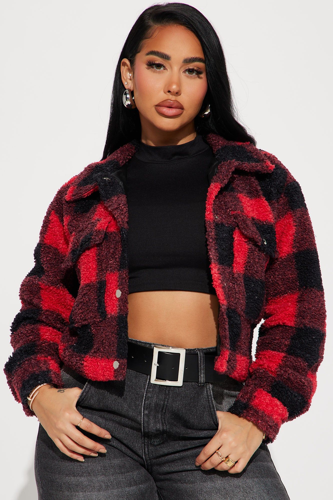 By My Side Sherpa Shacket - Red/Black sold by Fashion Nova
