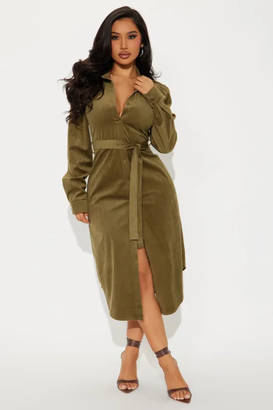 Sunny Mornings Corduroy Midi Dress - Olive sold by Fashion Nova