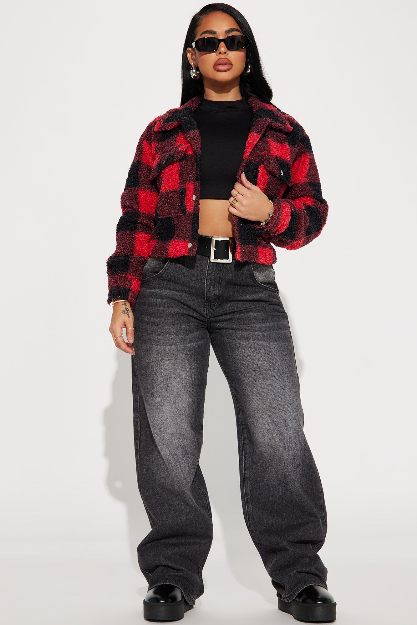 By My Side Sherpa Shacket - Red/Black sold by Fashion Nova product image thumbnail 2