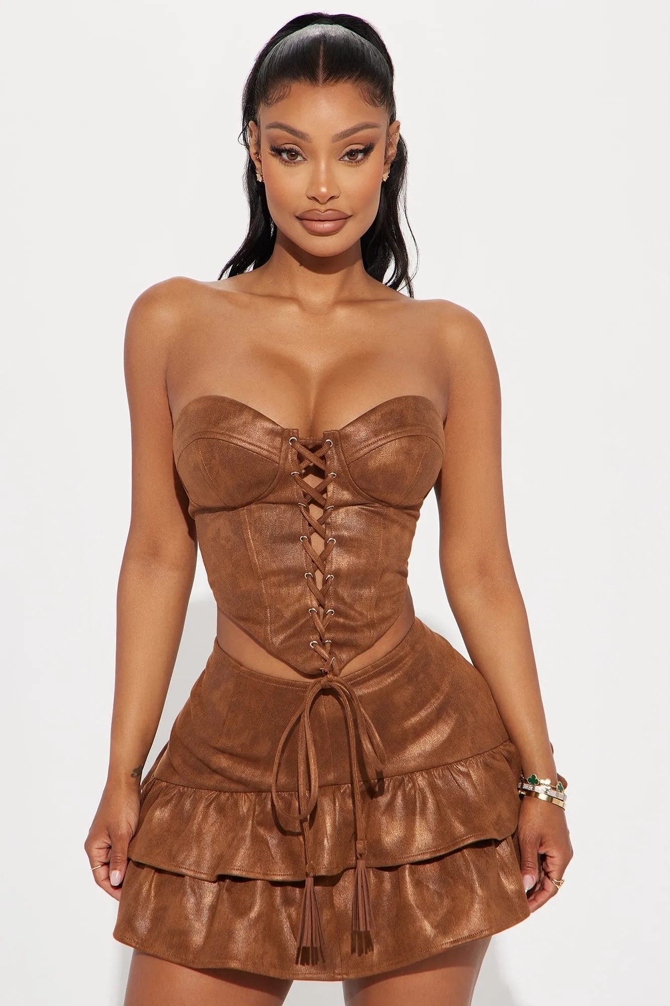 Sara Faux Suede Skirt Set - Brown sold by Fashion Nova