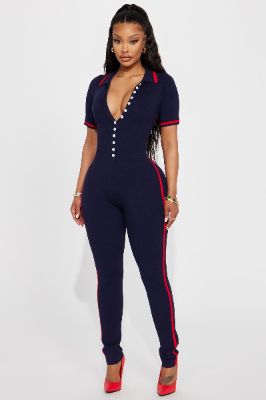 Tessa Knit Jumpsuit - Navy/combo sold by Fashion Nova