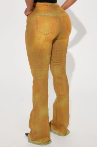 Leading The Pack Coated Stretch Flare Jeans - Yellow sold by Fashion Nova
