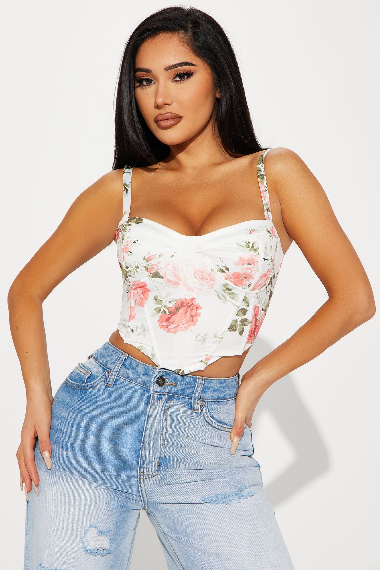 Bella Floral Corset Top - Ivory/combo sold by Fashion Nova