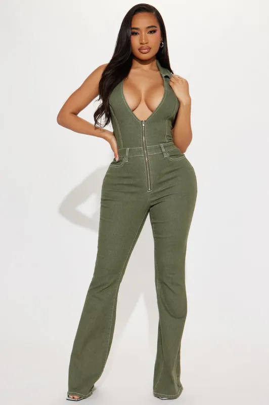 Fine Time Denim Jumpsuit - Olive sold by Fashion Nova