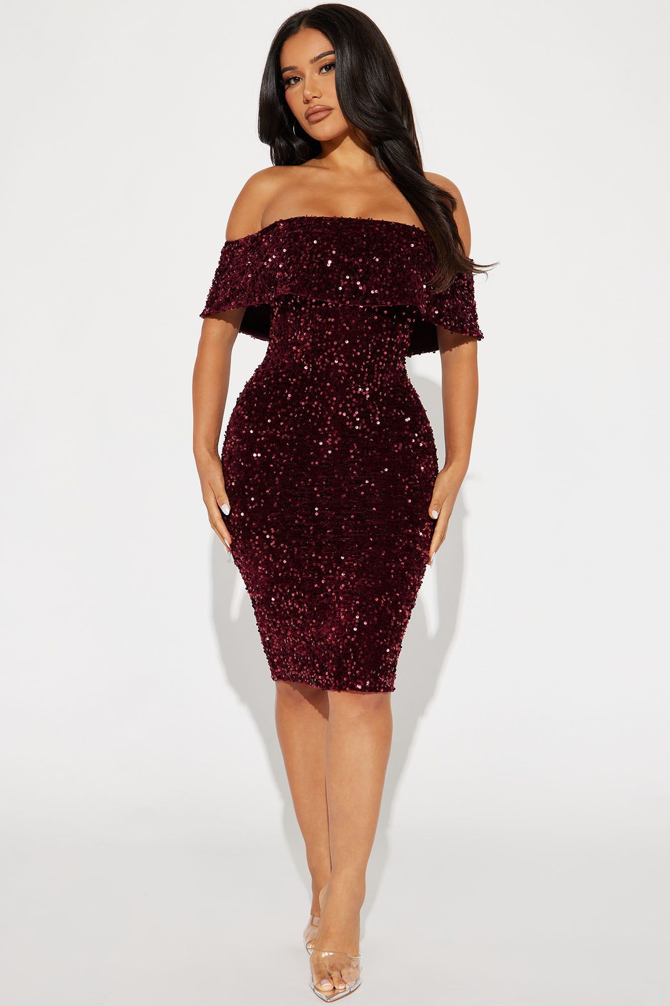 Evelyn Sequin Midi Dress - Burgundy sold by Fashion Nova