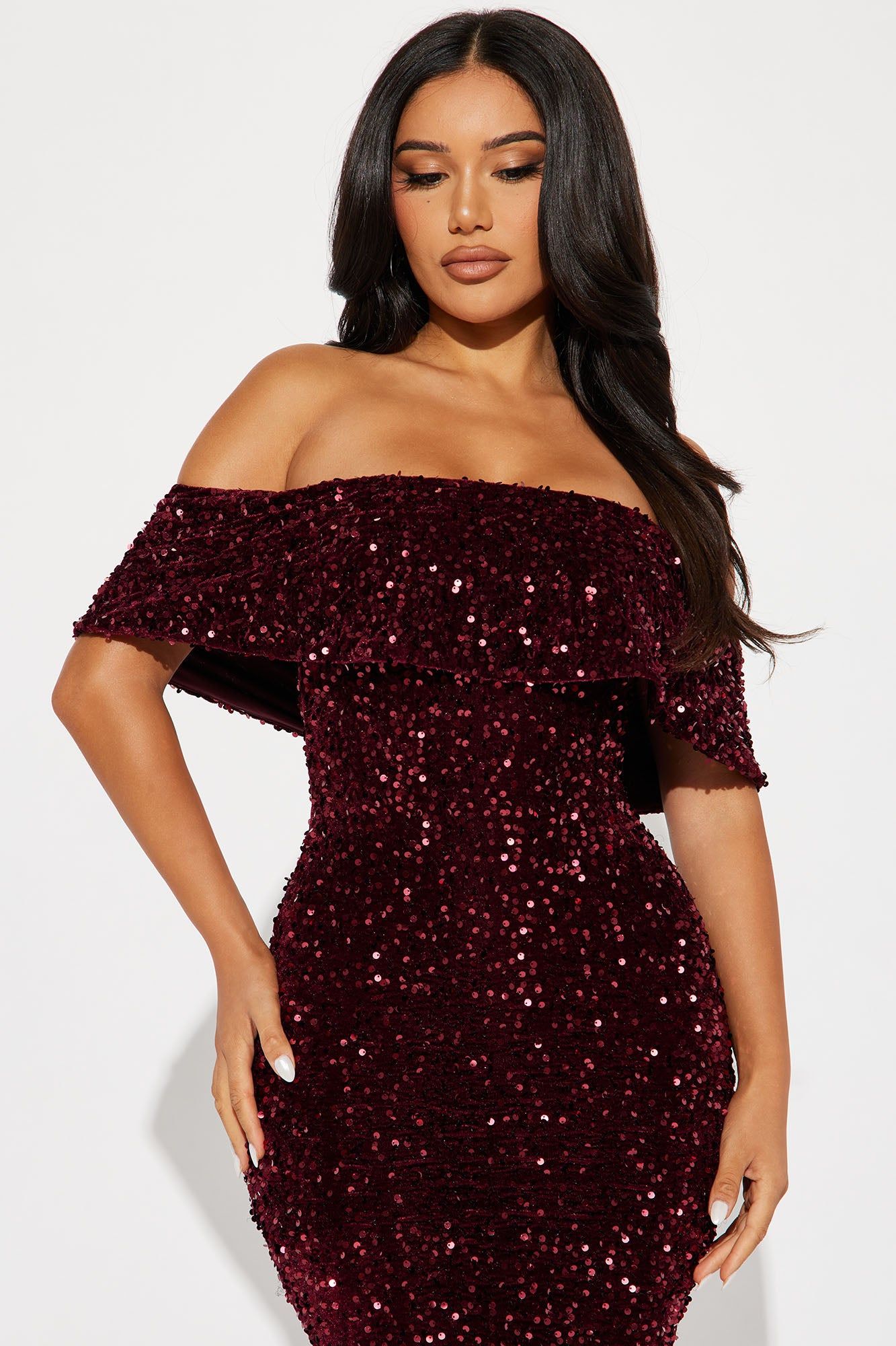Evelyn Sequin Midi Dress - Burgundy sold by Fashion Nova product image thumbnail 2