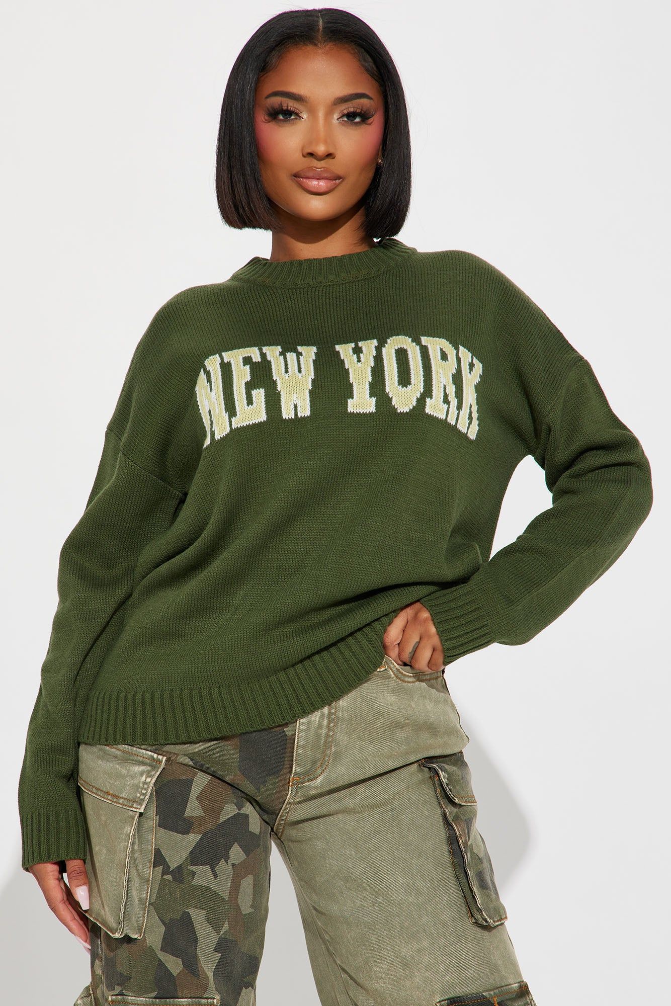 New York Girl Sweater - Green/combo sold by Fashion Nova