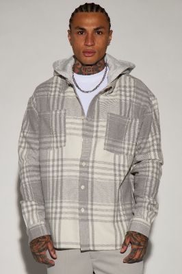 Time Gon Tell Hooded Oversized Shacket - Grey/combo sold by Fashion Nova