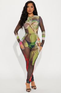 Glitch In The Matrix Mesh Jumpsuit  - Black/combo sold by Fashion Nova