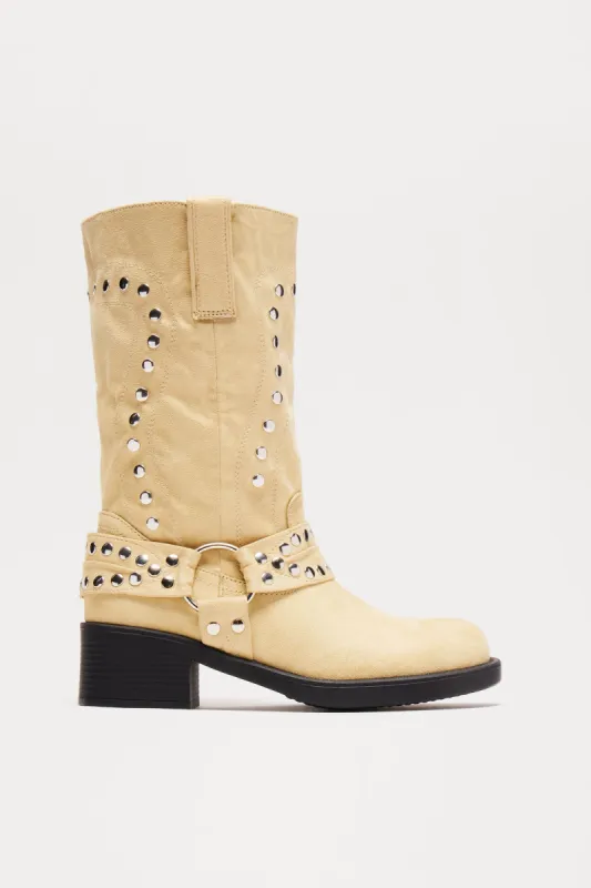 Riley Studded Knee High Boots - Beige sold by Fashion Nova