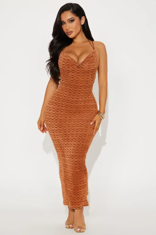 Cassie Fuzzy Backless Midi Dress - Brown sold by Fashion Nova