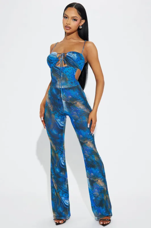 What You're Missing Mesh Jumpsuit - Blue/combo sold by Fashion Nova