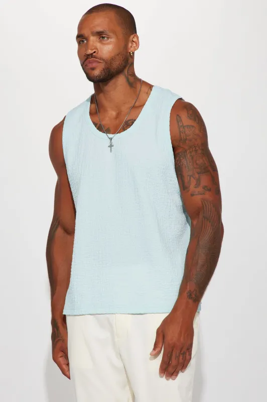 Just Woke Up Tank - Light Blue sold by Fashion Nova
