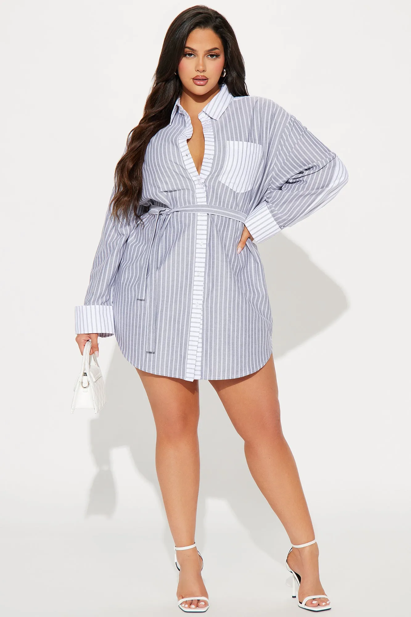 Corporate Baddie Mini Shirt Dress - Grey/combo sold by Fashion Nova product image thumbnail 4