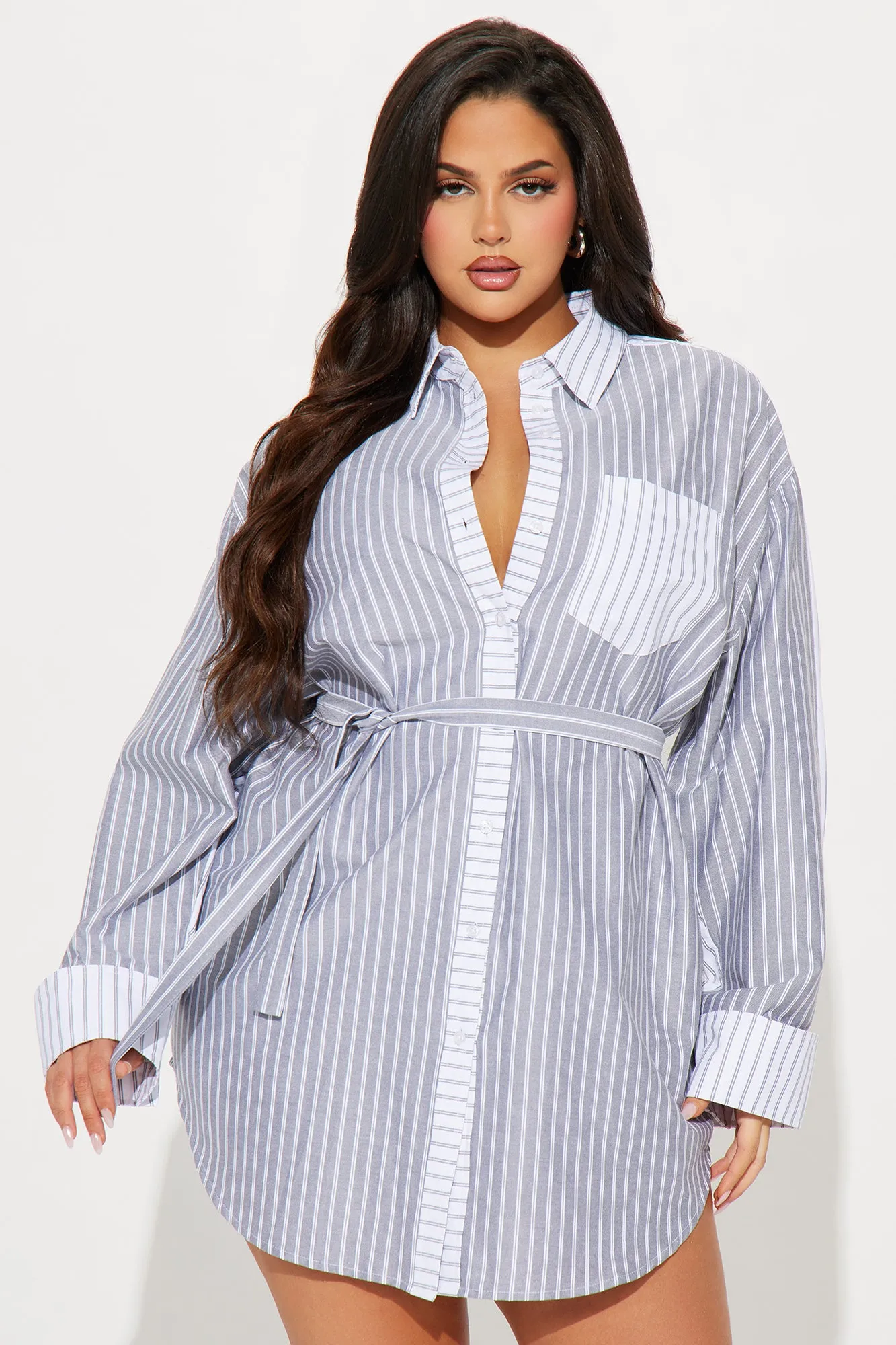 Corporate Baddie Mini Shirt Dress - Grey/combo sold by Fashion Nova product image thumbnail 5
