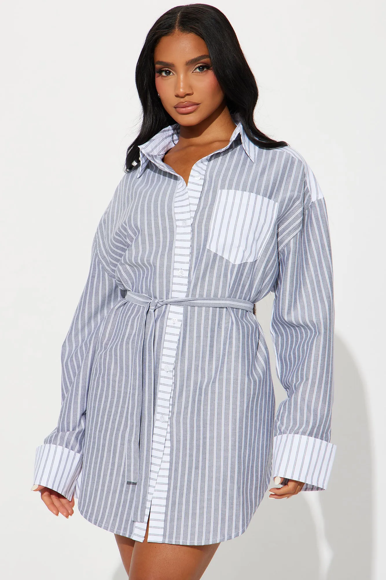 Corporate Baddie Mini Shirt Dress - Grey/combo sold by Fashion Nova