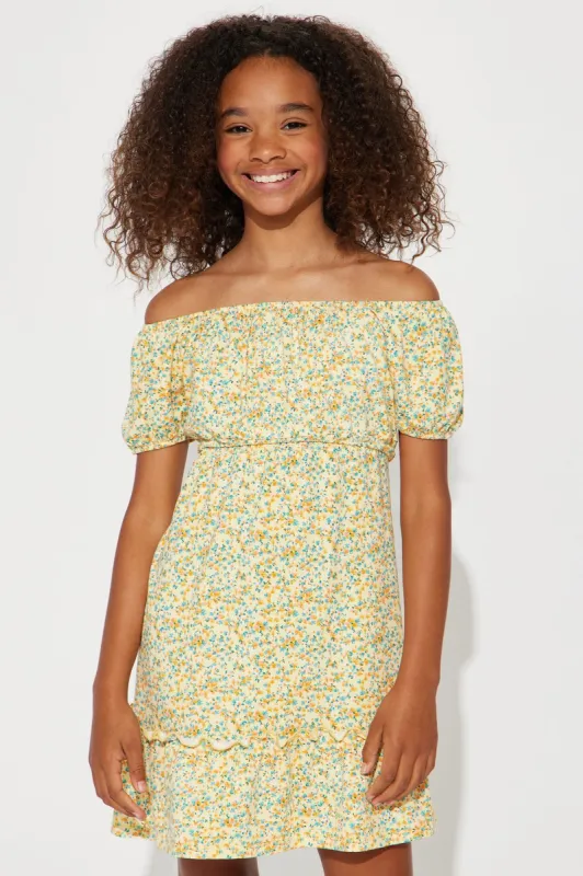 Mini Flower Daydreams Off Shoulder Dress - Yellow sold by Fashion Nova