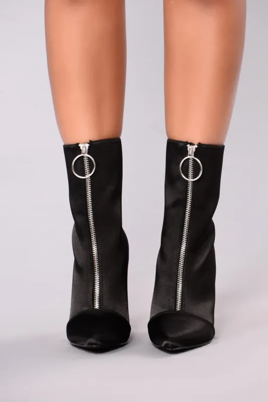 Past Curfew Satin Bootie - Black sold by Fashion Nova