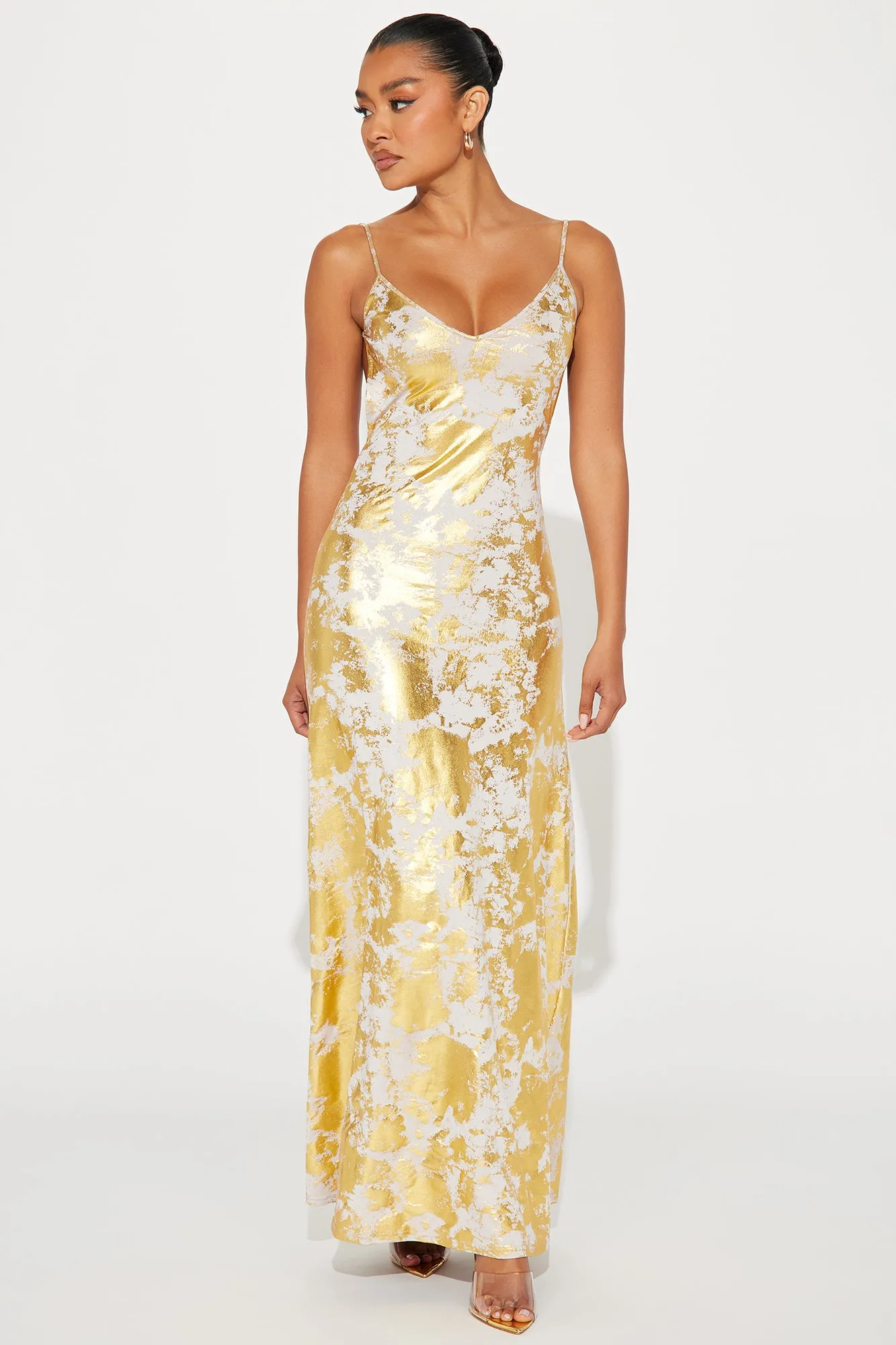Riley Metallic Maxi Dress - Gold sold by Fashion Nova