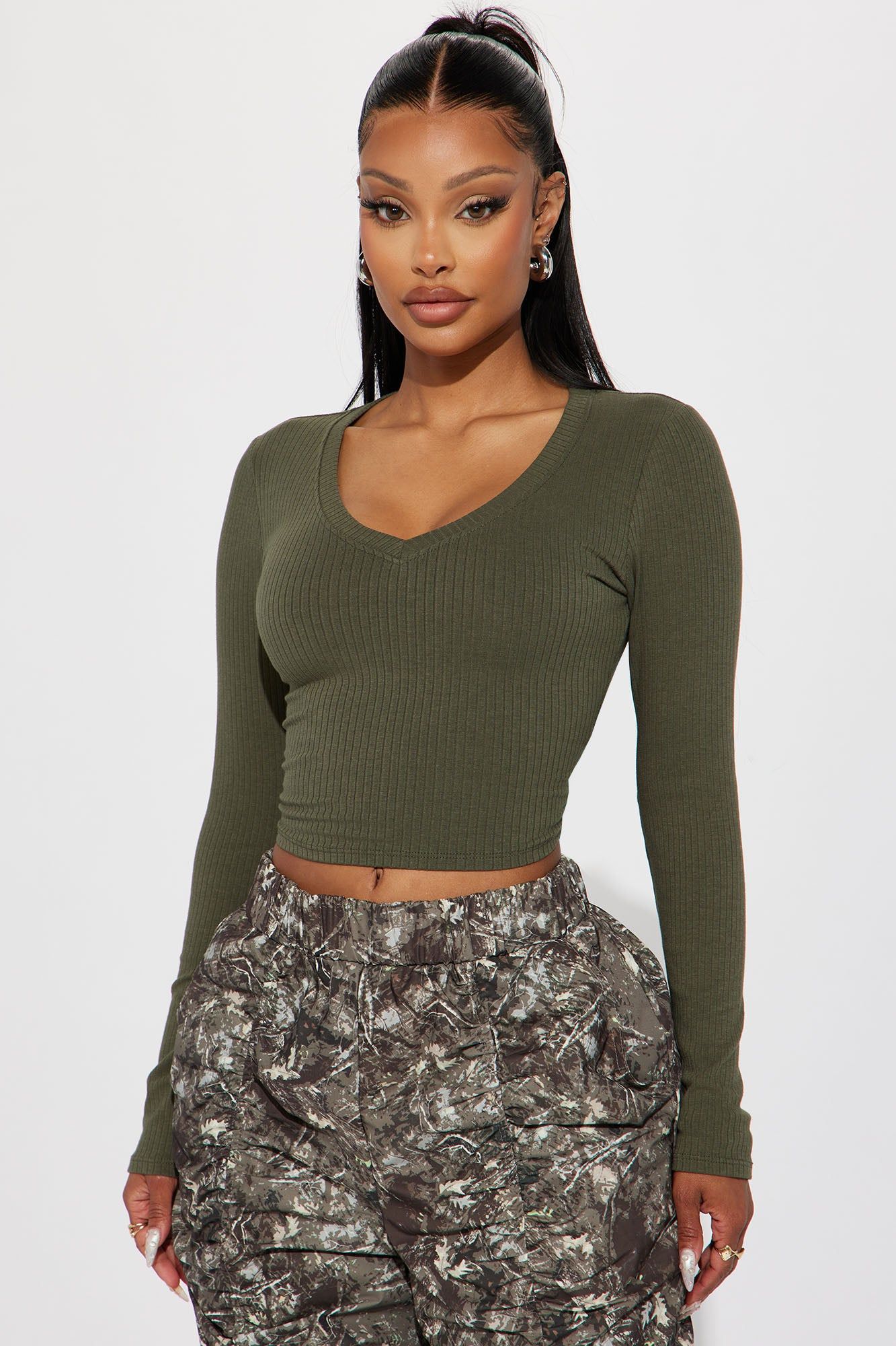 Jenni Ribbed Crop Top - Olive sold by Fashion Nova