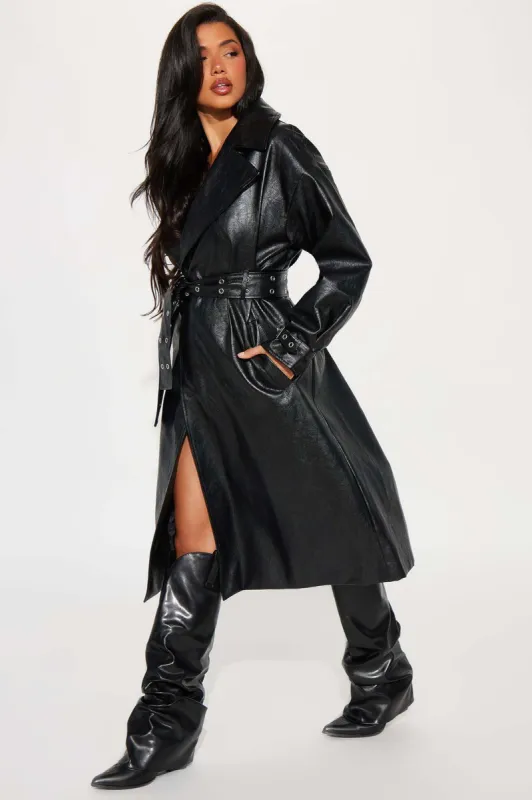 Not Your Average Washed Faux Leather Trench - Black sold by Fashion Nova