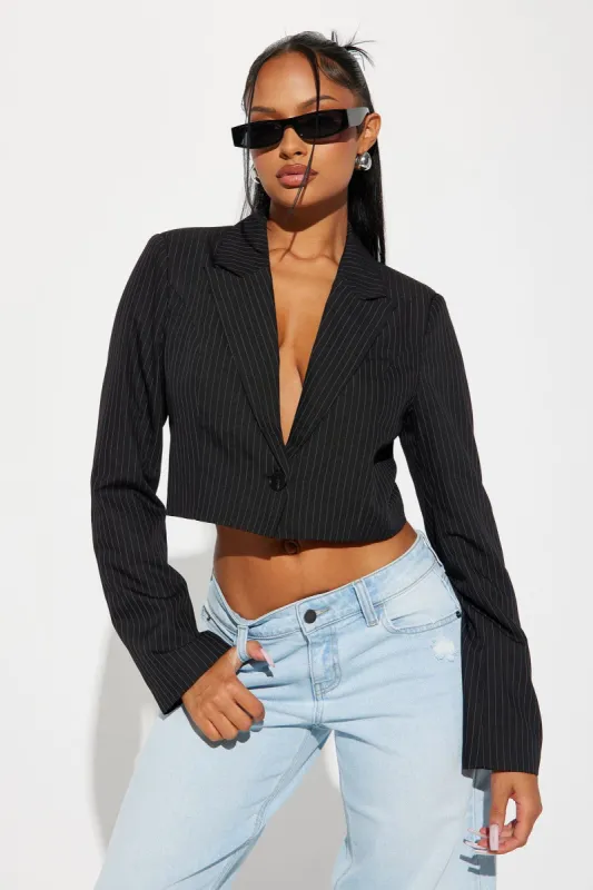 What's Your Motive Pinstripe Cropped Blazer - Black sold by Fashion Nova