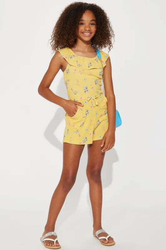 Mini In Bloom Sleeveless Romper - Mustard sold by Fashion Nova