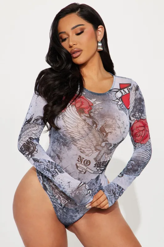 Living For The Thrill Mesh Bodysuit - Black/combo sold by Fashion Nova