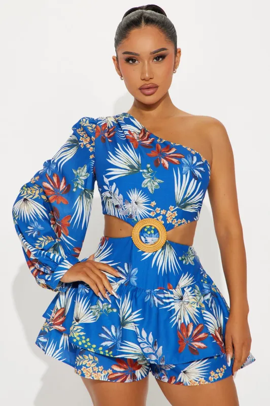 Tropical Desire Romper - Blue/combo sold by Fashion Nova