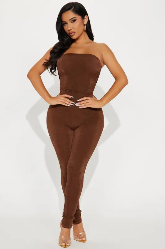 Off My Mind Slinky Jumpsuit  - Brown sold by Fashion Nova