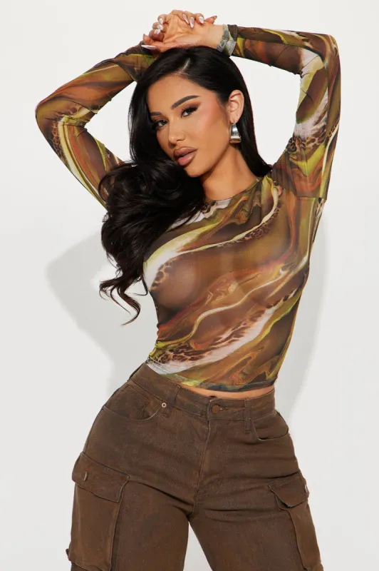 Not Phased Leopard Mesh Top - Olive/combo sold by Fashion Nova