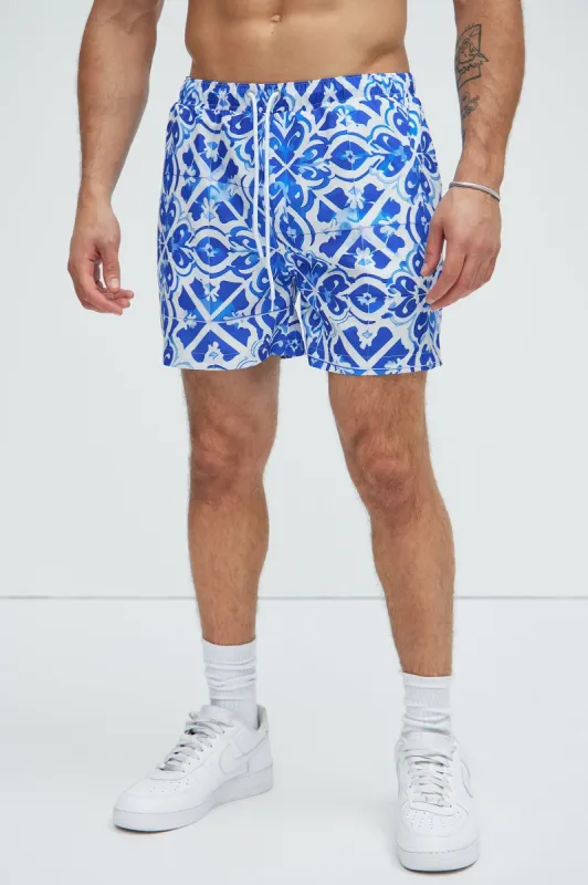 Morocco Tiles Swim Trunks - Blue/combo sold by Fashion Nova