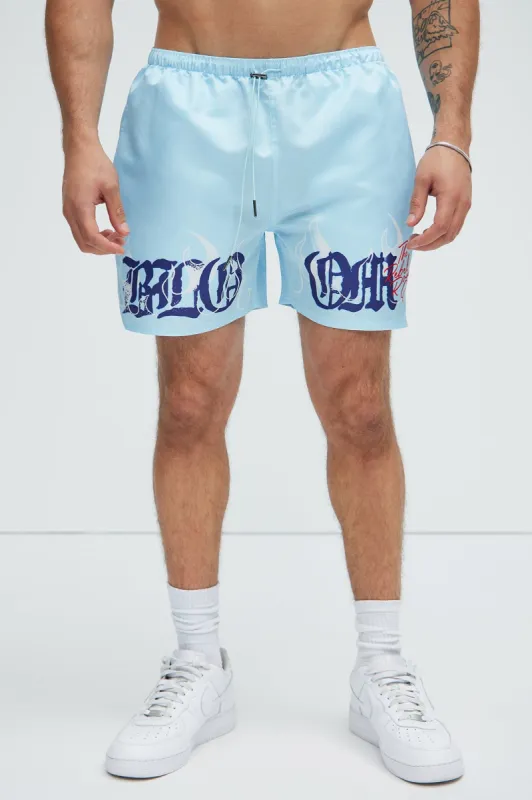Through Flames Swim Trunks - Light Blue sold by Fashion Nova